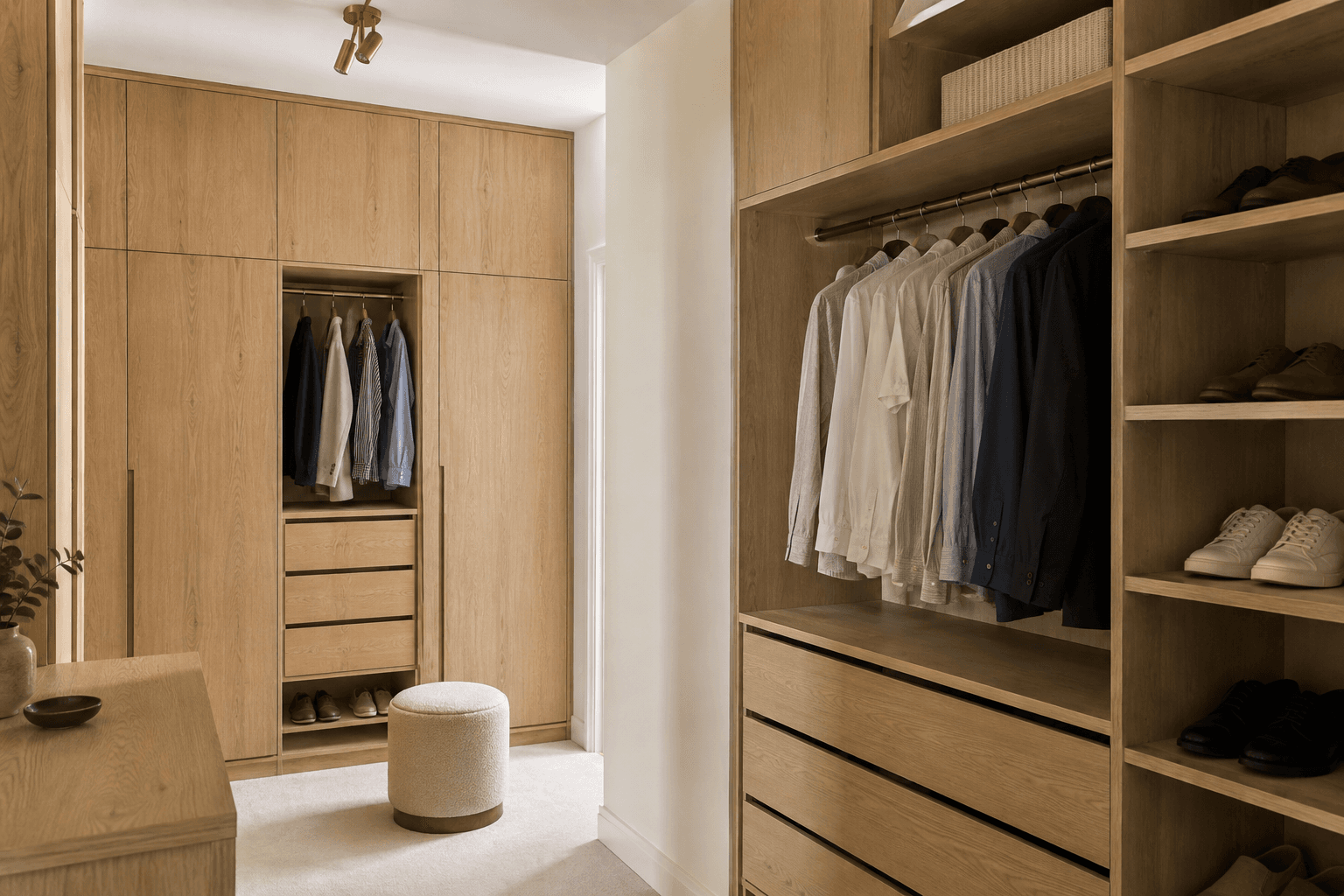 fitted wardrobe and dressing space with warm timber cabinetry