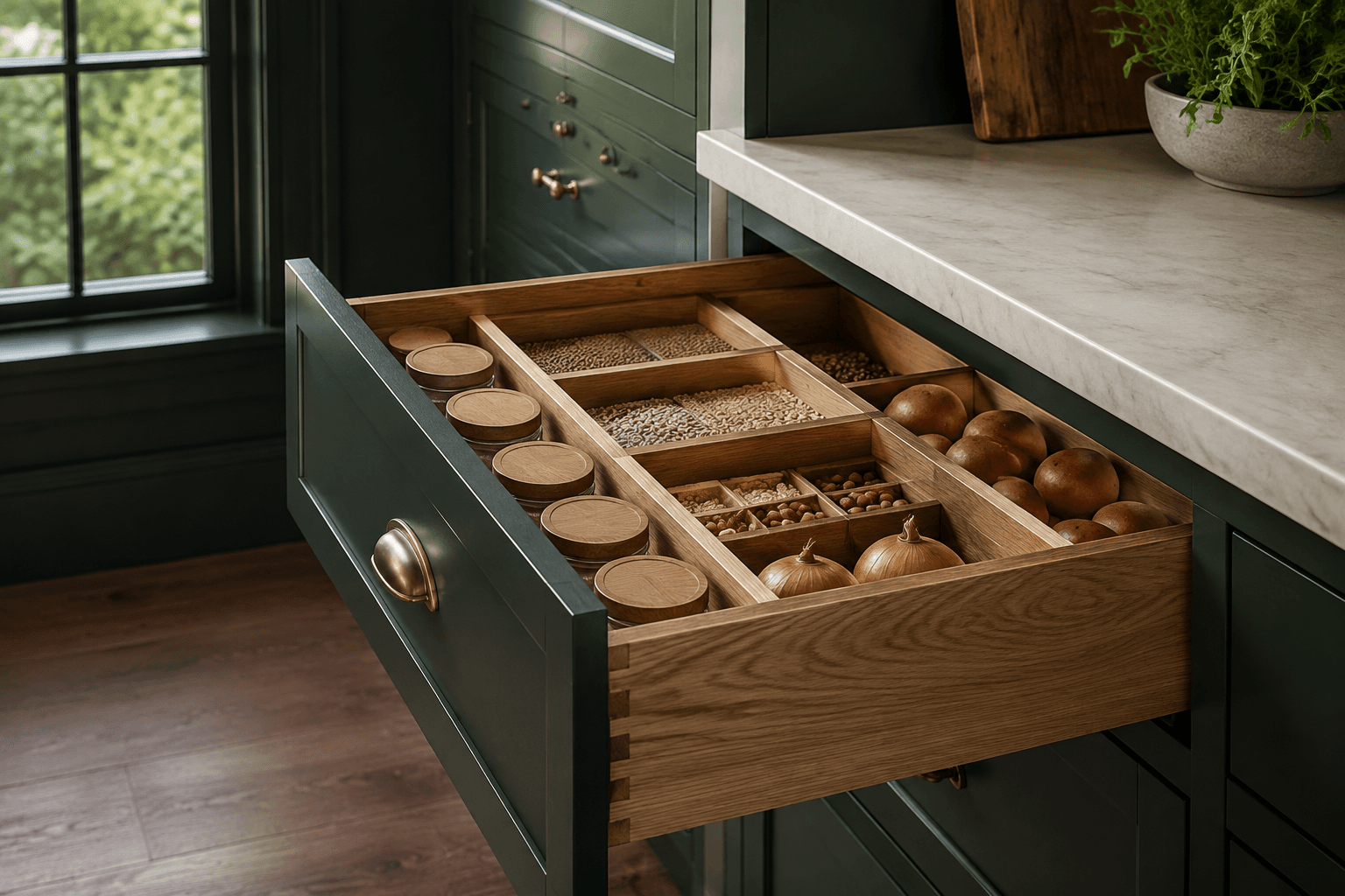 forest-green pantry cabinetry with an oak storage drawer